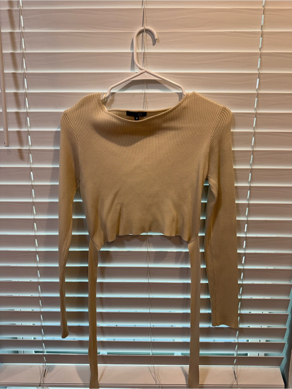 Papermoon Beige Ribbed Long-Sleeve Cropped Top